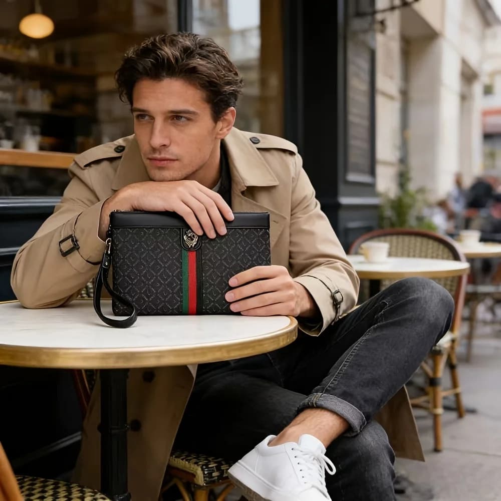European and American fashion high-end men's clutch bag, lion head metal buckle decorative handbag for business casual envelope