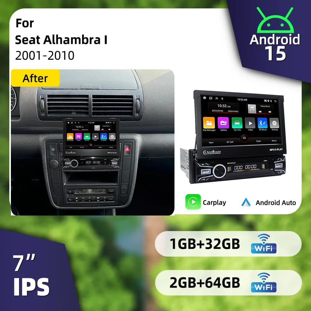 7" Telescopic Screen Android 1 Din Car Stereo for Seat Alhambra I 2001-2010 CarPlay Multimedia Radio Autoradio GPS Headunit