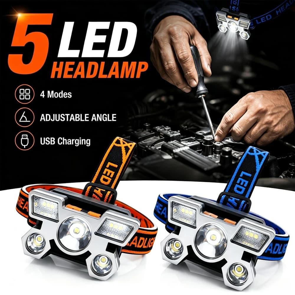 5*LED High Power Headlamp Super Bright USB Rechargeable Outdoor Fishing Camping Light Long Distance Head Mounted Mining Lamp