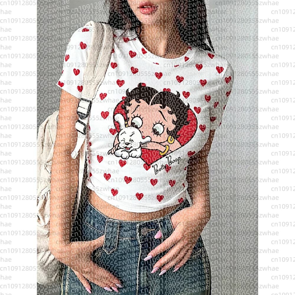 26 Betty Boop T-shirt casual da donna a maniche corte con motivo cartoon, top estivo Y2k da donna, top anni '90, t-shirt sexy con motivo ombelicale