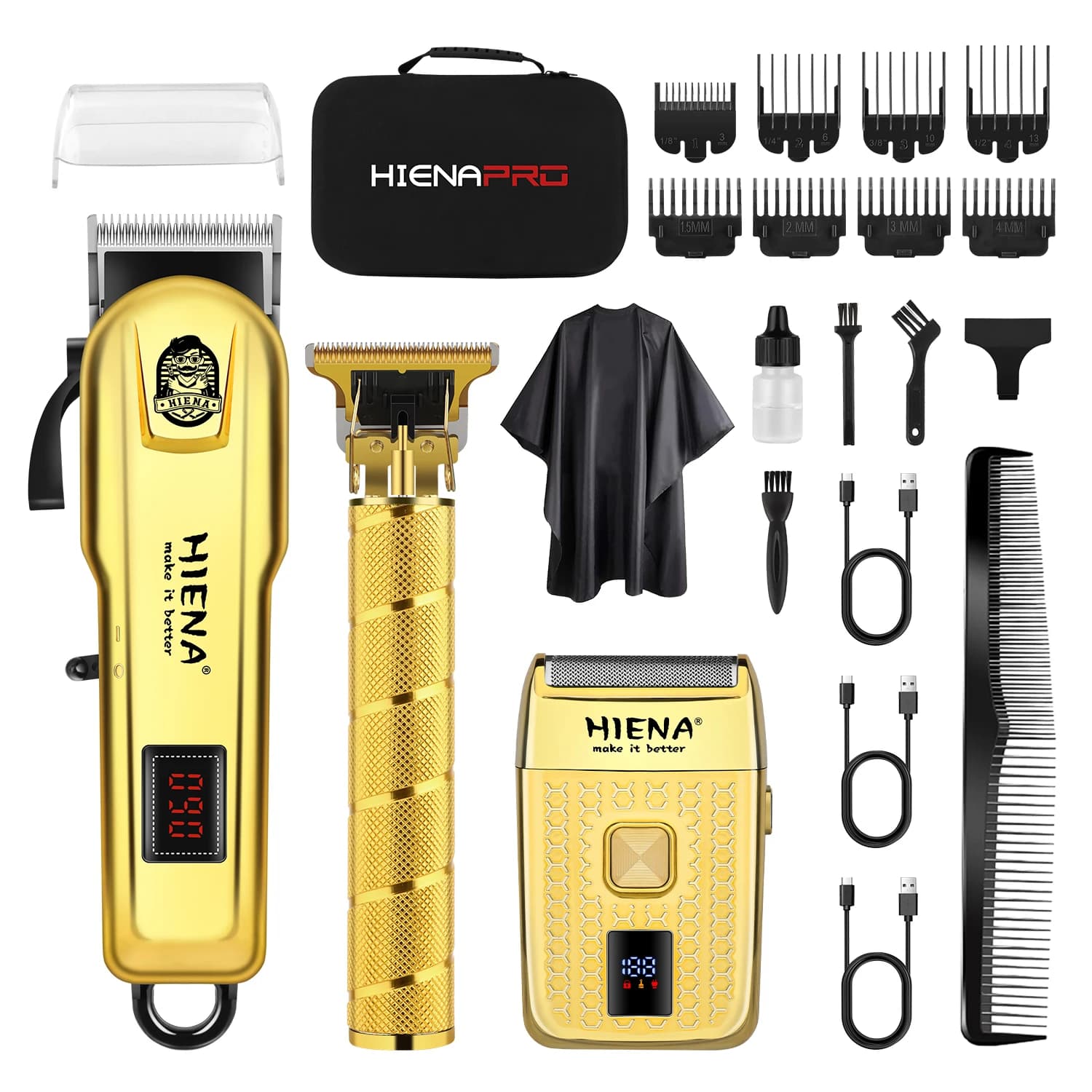 Kit Professionale 3-in-1 HIENA per Taglio Capelli Uomo, Set Regolabarba Senza Fili con Display LCD, Kit per Barbiere e Cura Personale