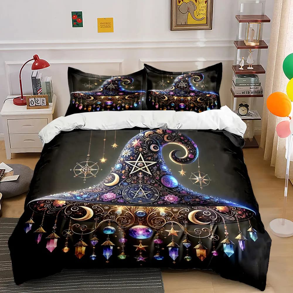 Set di biancheria da letto con cappello da strega ornato da 3 pezzi, copripiumino con stampa di cristalli magici e stelle + 2 federe, decorazioni fantasy per Halloween
