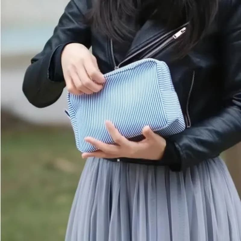 Bags for cosmetics with seersucker volant, pink/violet stripe makeup bags for women, with zipper, travel bag, makeup bag