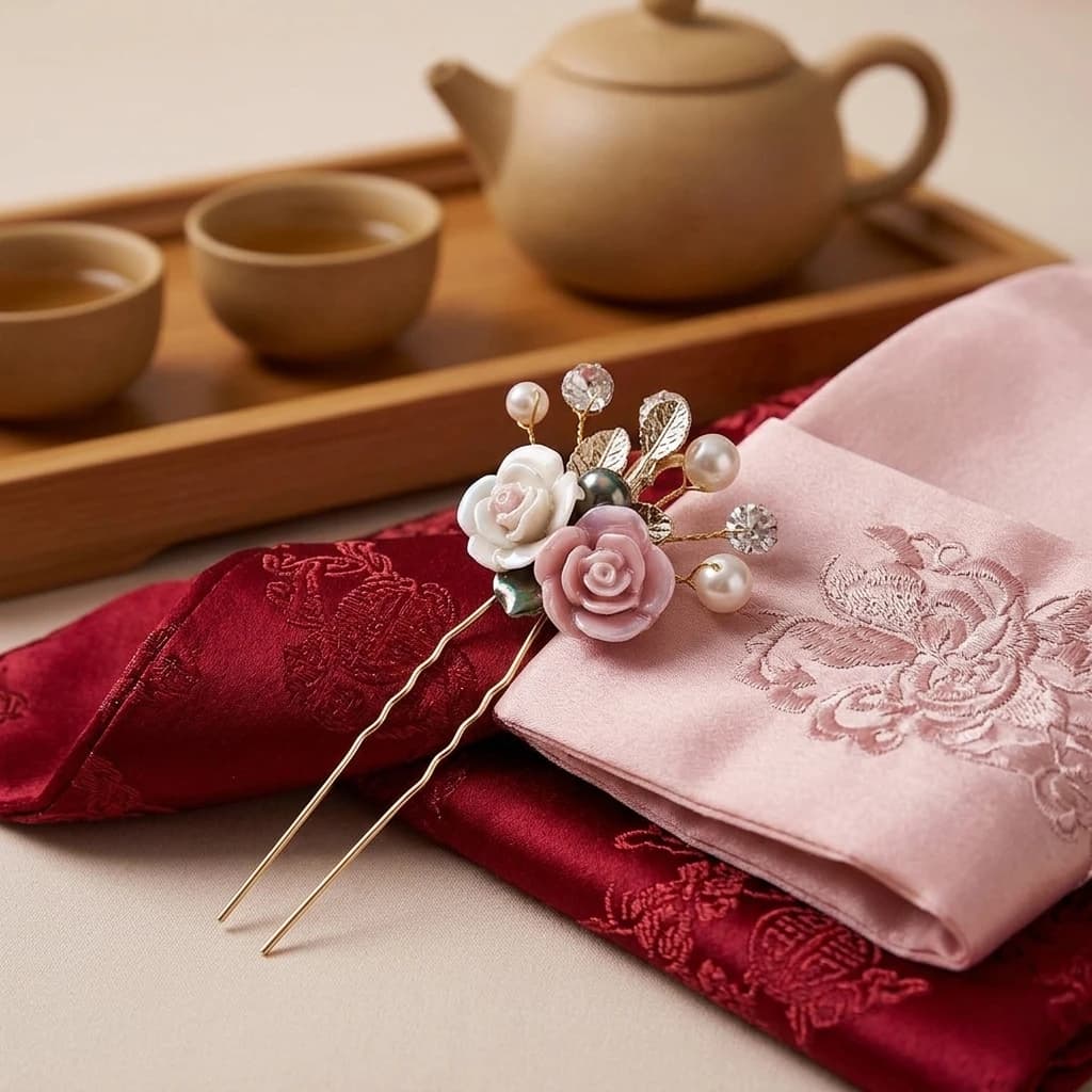 Nuova forcina cinese in ceramica con fiore rosa e bianco, base in lega con perla, elegante fermaglio per capelli per matrimonio, Hanfu, accessori da sposa