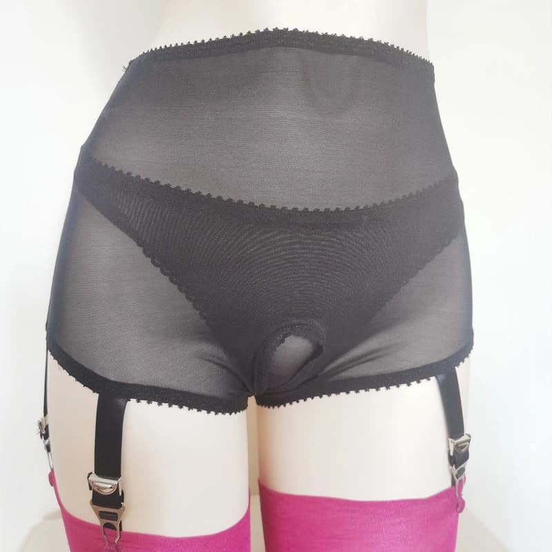 Sexy Black Mesh Garter Belt for Stocking Pantyhose Open Crotch Shorts with Six Straps Suspender Belts for Women Men Lingerie