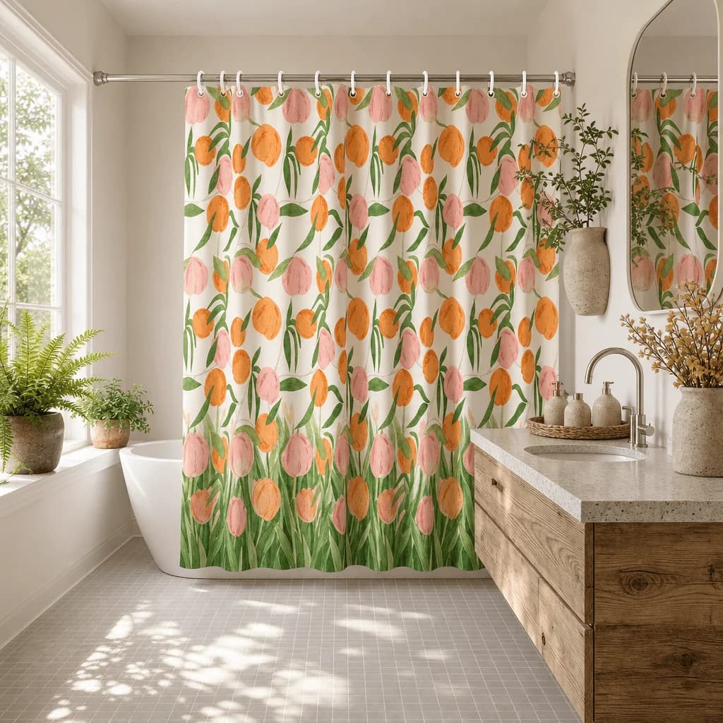 Waterproof Floral Botanical Print Shower Curtain for Bathroom Home Decor Tropical Orange Pink Lily Pattern Shower Liner