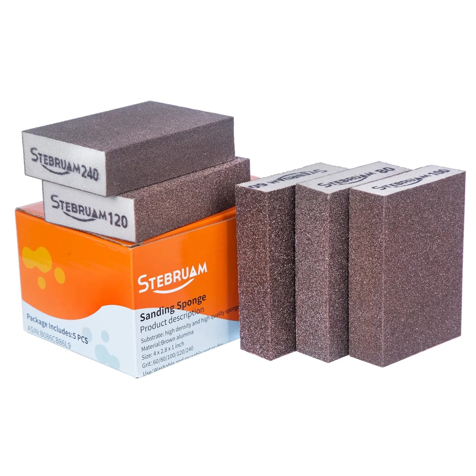 5Pcs Sanding Sponges, Sanding Blocks -60 to 240 Grit Sanding Pads,Washable and Reusable,Sand Paper Pack for Metal Wood and Wall