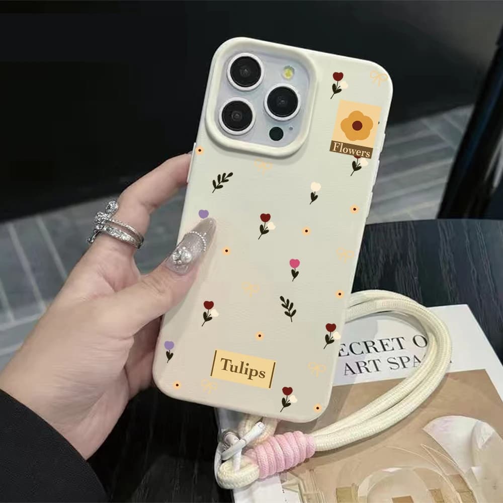 Tulip Bow Strap Rope Phone Case For iPhone 17 16 15 14 13 12 11 Pro Max 16 15 14 Plus 17 16 15 14 Pro 17Air Silicone Matte Cover