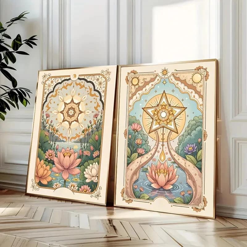 2 pz/set Bohemian Lotus Star Vinit Mural Poster Stampa su tela Semplice astratto Tarocchi Carta Pittura, Decorazione domestica moderna