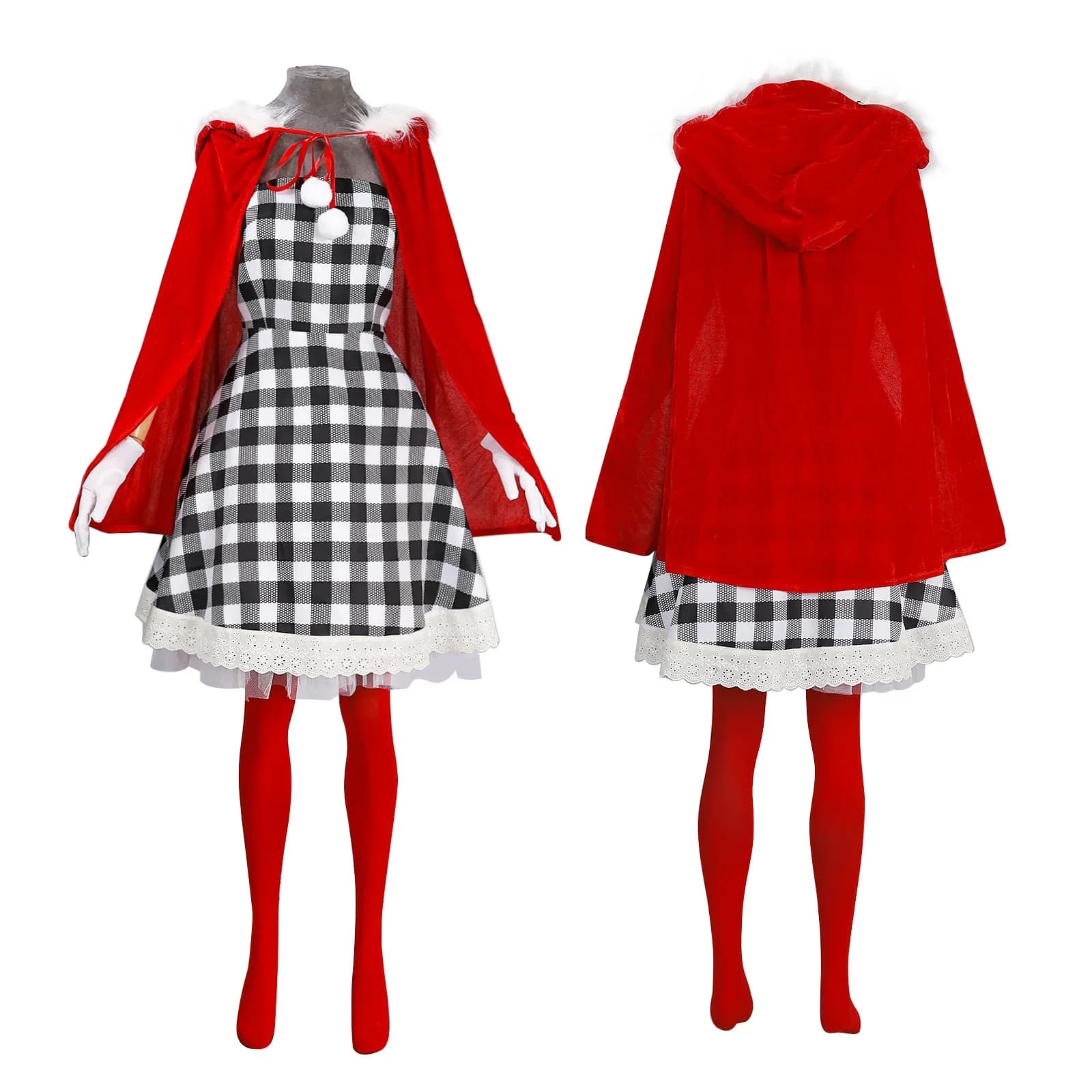 Cindy Christmas Girl Cosplay Costume Anime Christmas Grinch Costume Full Set Black White Plaid Dress and Red Cape Party Dress