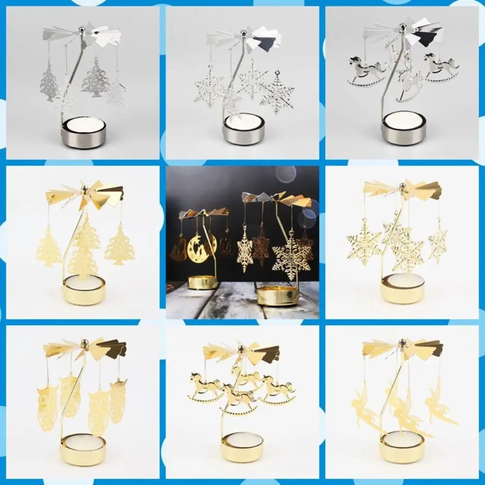Metal Metal Rotating Tea Light Holder Hollow Gold Silver Christmas Rotating Candle Holder Angel Carousel Pattern