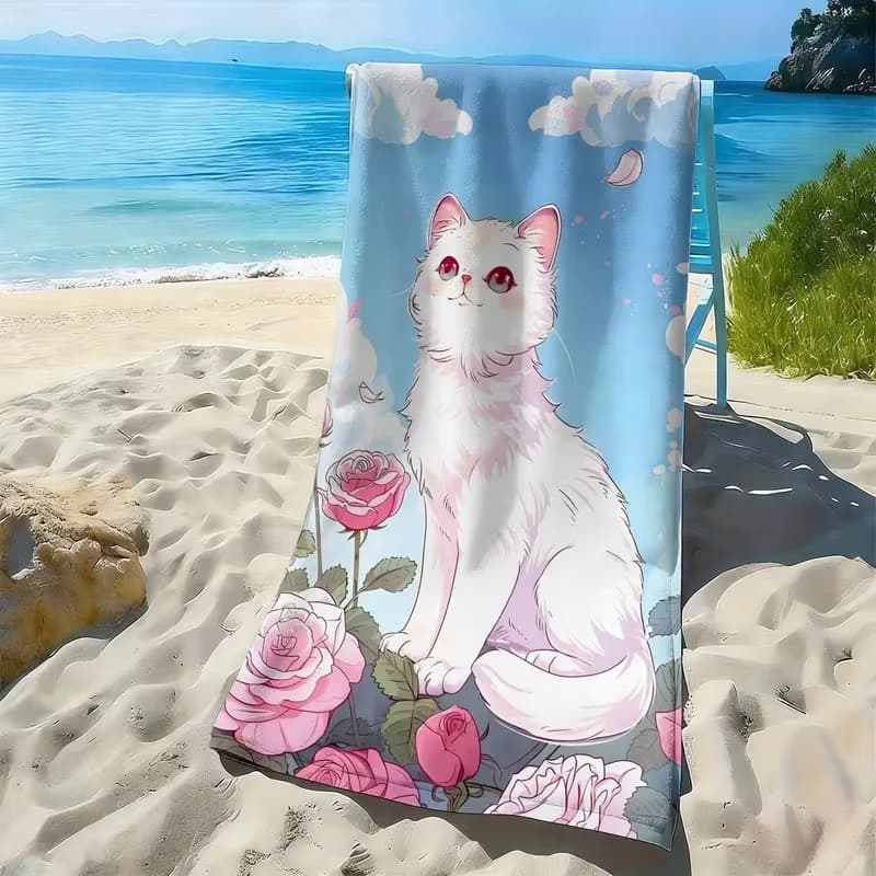 Cute White Cat Pink Rose Floral Beach Towel Quick Dry Sandproof Pool Towel Soft Absorbent Towel Summer Beach Travel Accessory