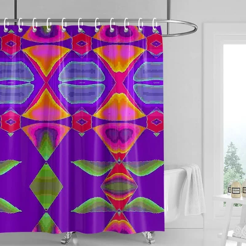 Tenda da doccia geometrica vibrante, motivo simmetrico viola, rosa, giallo e blu, decorazione moderna per il bagno