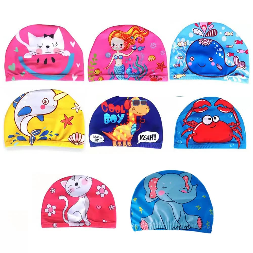 New Cute Cartoon Children Swimming Cap Comfortable Cartoon Baby Ear Protector Calico Swim Cap Waterproof Pattern Kids Swim Caps