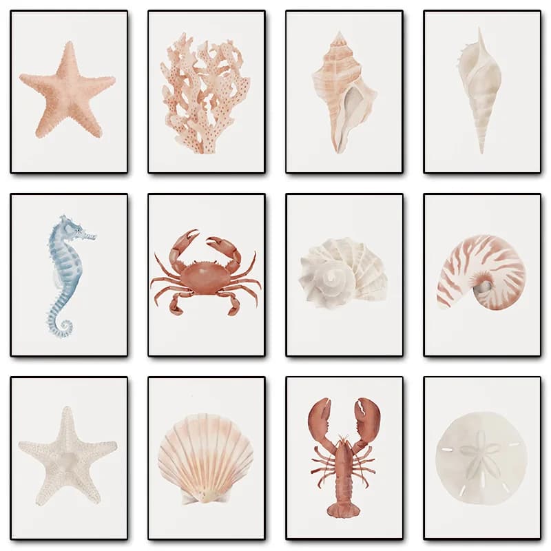 Poster con Conchiglie, Granchi, Sabbia, Acquerelli, Coralli e Stelle Marine - Stampa Artistica da Parete per Decorazione Casa e Stanza