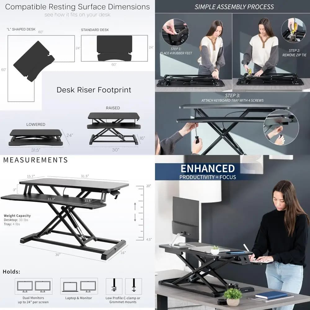 Support for Double Monitor Adjustable in Height with Wide Tray for Sit-Stand Desk, Black