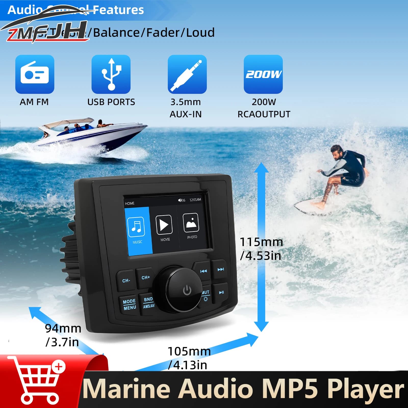 Lettore di visualizzazione radio stereo marino multimediale MP5 per yacht ATV UTV Altoparlante multimediale audio marino compatibile con Bluetooth impermeabile