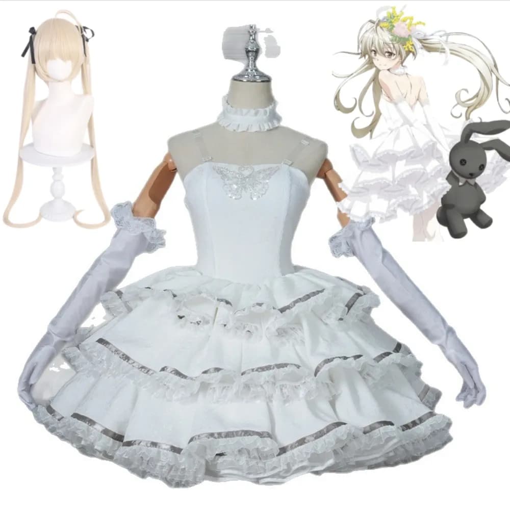 Costume Cosplay Completo Yosuga No Sora Sora Kasugano con Abito da Sposa Bianco, Parrucca, Bouquet e Accessori per Performance Teatrali per Adulti