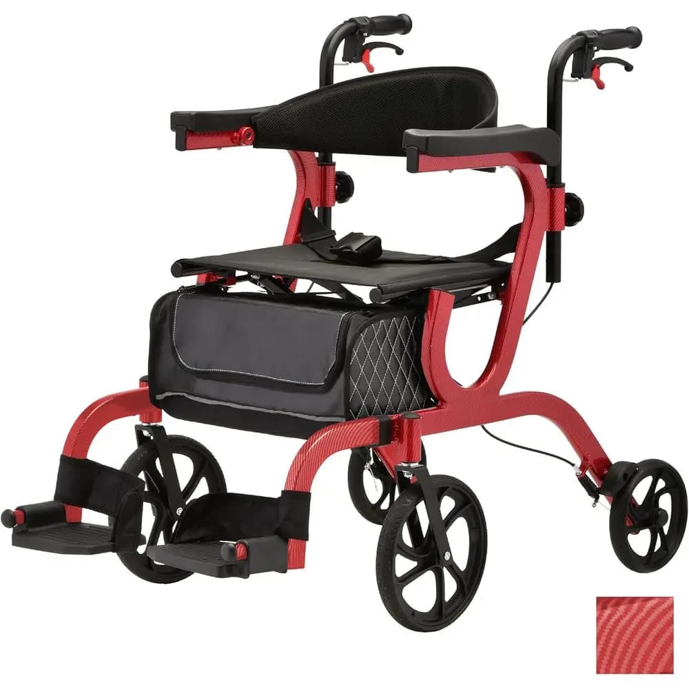 Dual-Function Rollator & Transport Chair with 10 Front Wheels, Removable Footrests, Lightweight Mobility Aid in Red