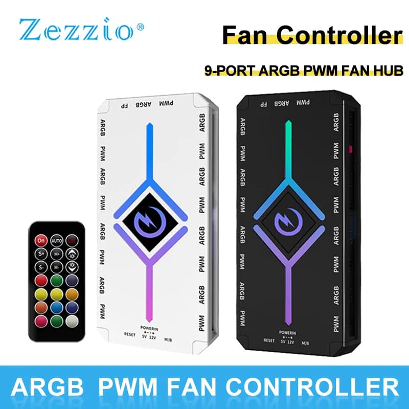 Zezzio Z-H8 HUB ARGB e PWM a 9 porte 5V 3PIN/12V 4PIN PWM Ventola per case del computer Splitter multidirezionale Alimentazione SATA con telecomando