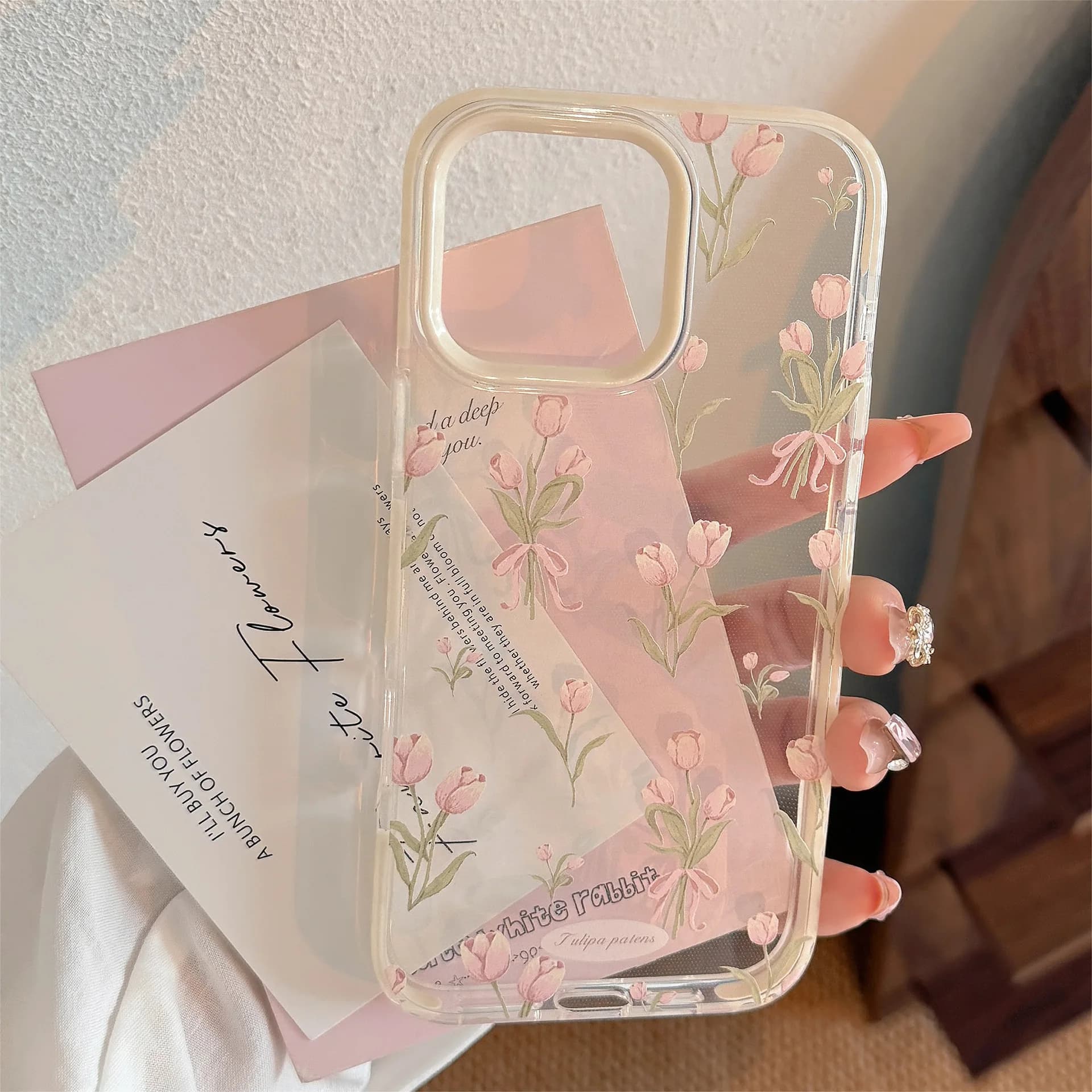 Protective Protective Cover Anti-shocket in Internal Screen with Flowers of Tulip Pink Korean for iPhone 17 16 15 14 13 12 Pro Max