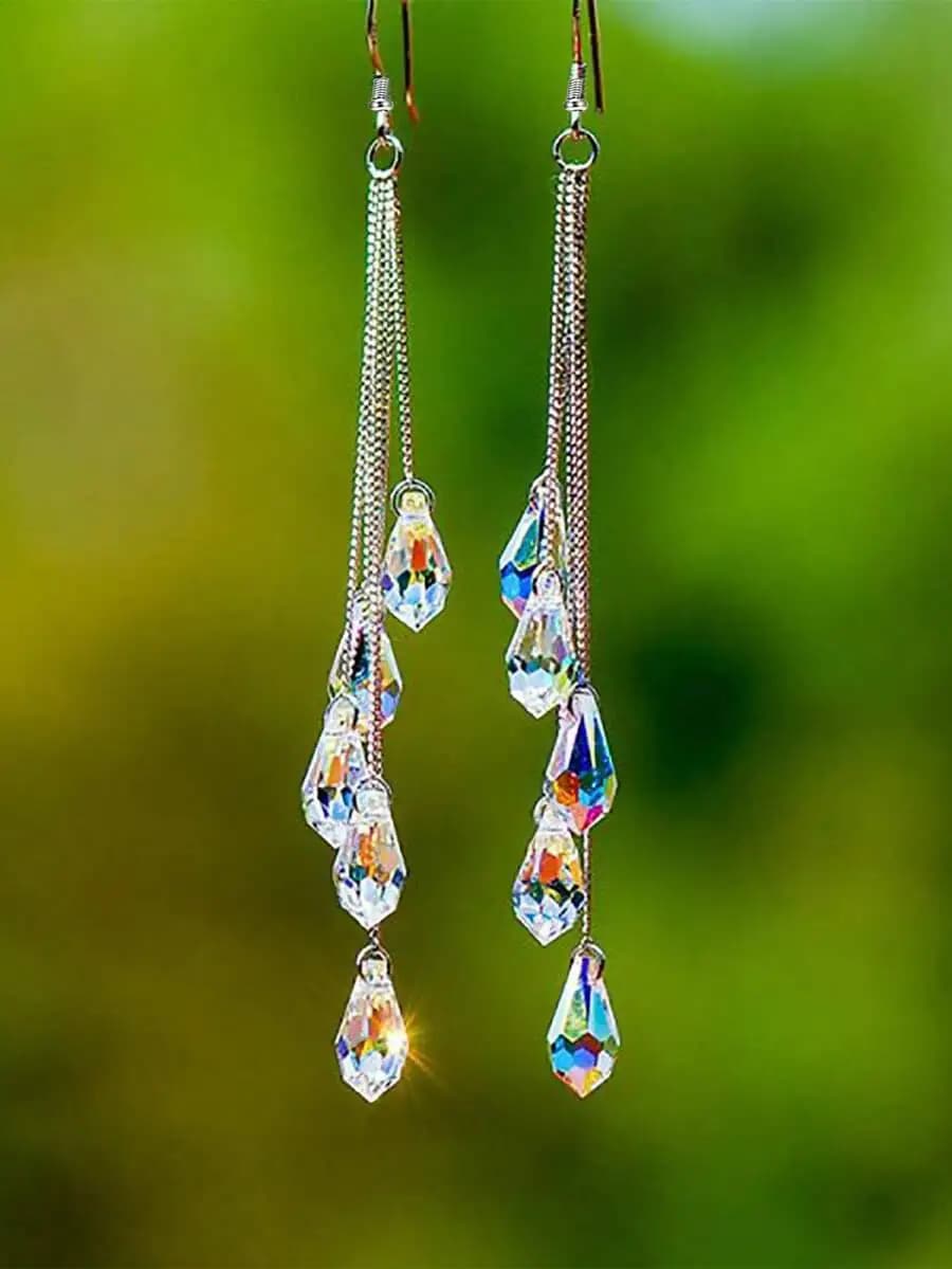 1 pair women's abstract waterdrop waterproof crystal tassel hook earrings