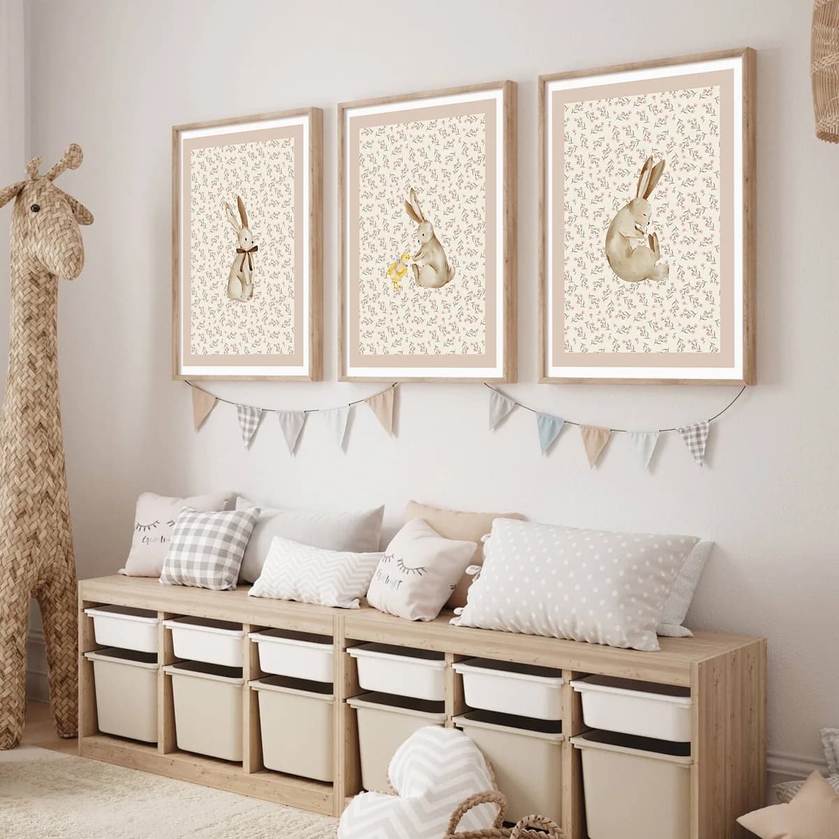 3 piece print set on wall canvas with rabbit and duck in beige bohémien style, watercolor painting with bohémien style flowers, wall print rabbits, decoration for forest animals room, ideal gift for bedroom and living room corridors, wall decoration, autumn decoration, frame