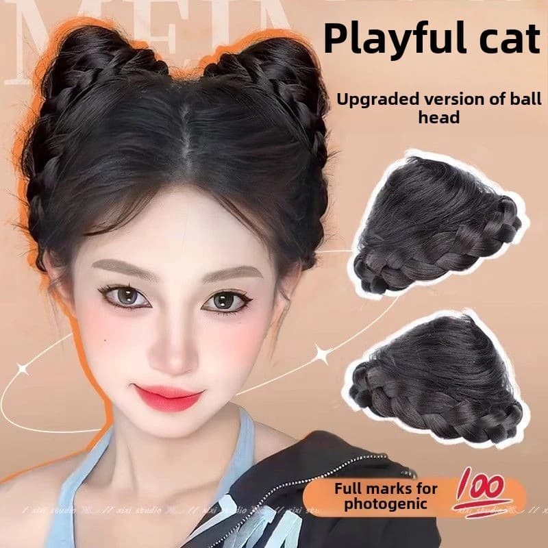 Cat Ear Wig Claw Clip Bun Hairpiece Cute Double Bun Hair Accessory Updo Flower Bun Synthetic Wig