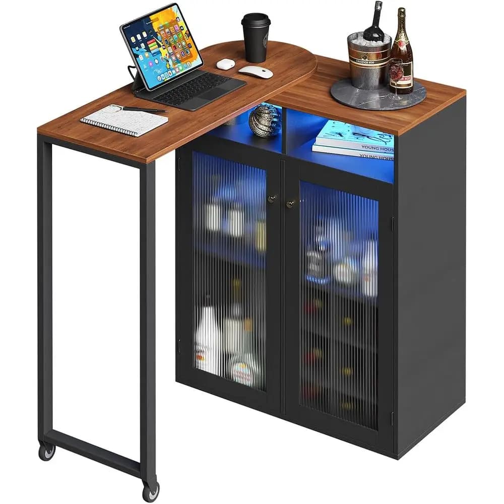 360 ° Mini Bar Girevole per Casa con Ricarica, Illuminazione, Spazio di Stoccaggio, Portabottiglie e Portabicchieri, Nero