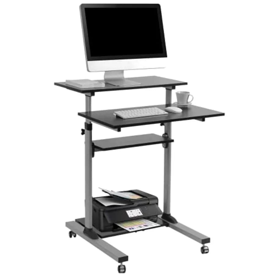 Rolling Desk for Laptop - Standing or Sitting Mobile Computer Cart with Wheels, Adjustable Height and 27.5-inch Surface - Porta
