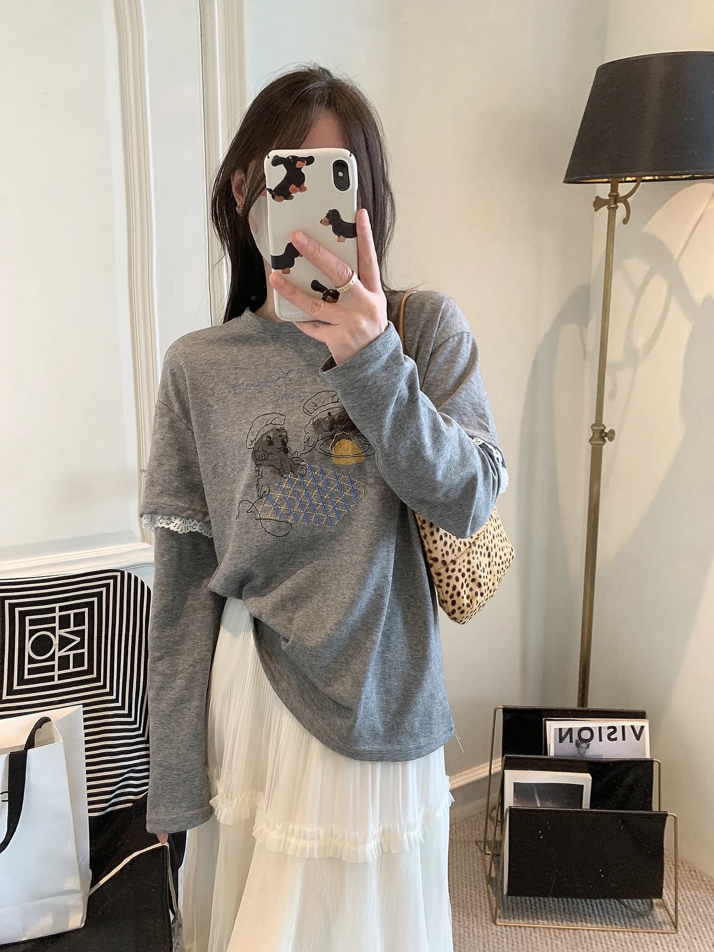 Lace Splice Long Sleeve round Neck Slimming Base Layer Top Women's Inner Wear Fake Two-Piece Style Comfortable Breathable Cot...