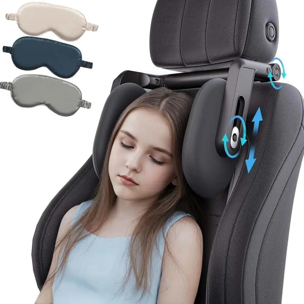 Cuscino Poggiatesta per Auto in Memory Foam Regolabile con Gancio, 360° ° Supporto Rotante per il Collo per Dormire in Viaggio, Include Maschera per Occhi