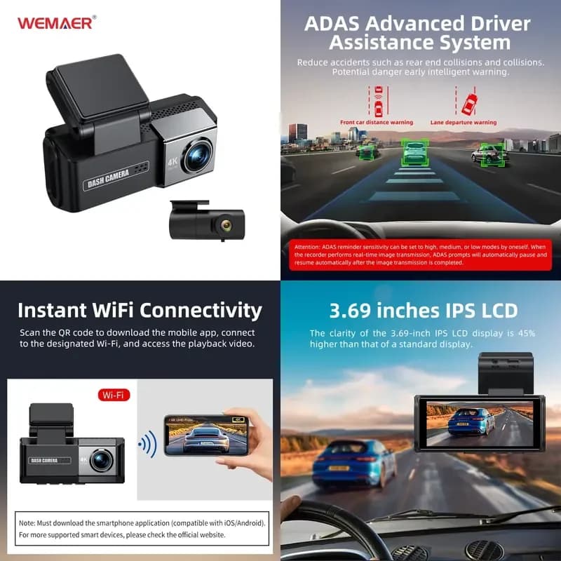 2026 Hot Sale Dash Cam 2 Channel 2160P DVR 3.69 Inches IPS LCD Dual Lens Dash Cam 4K+2K Black Box F1.8 with Parking