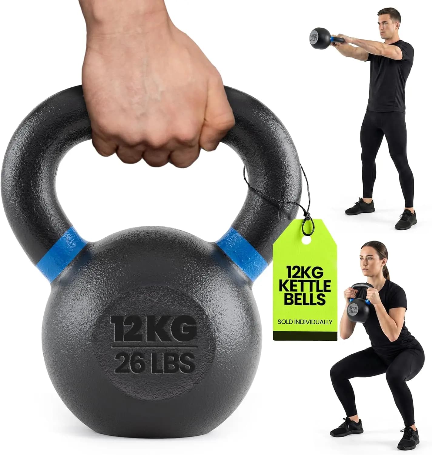 Kettlebell Singolo in Ghisa - Verniciato a Polvere, Manico Largo per Allenamenti Core e Glutei, Swing, Squat, Stacchi da Terra