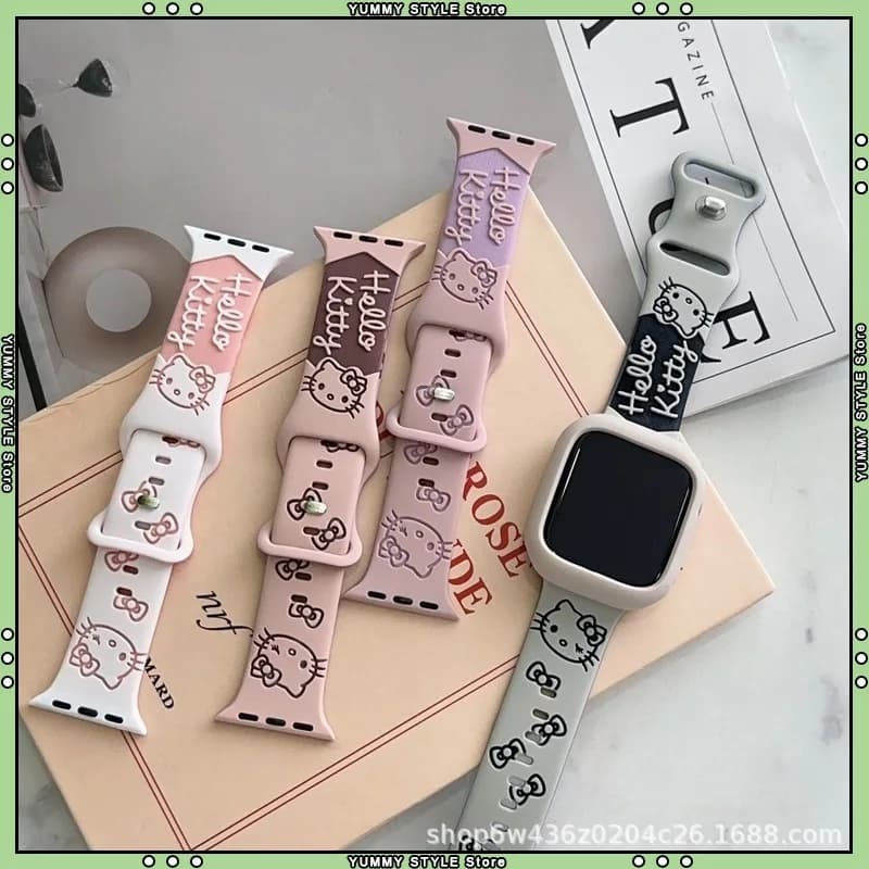 Cinturino in silicone morbido Hello Kitty per Apple Watch S10 SE S9 S8 S7 S6 S4 5 6 Ultra 40-49mm, cinturino di ricambio stampato KT