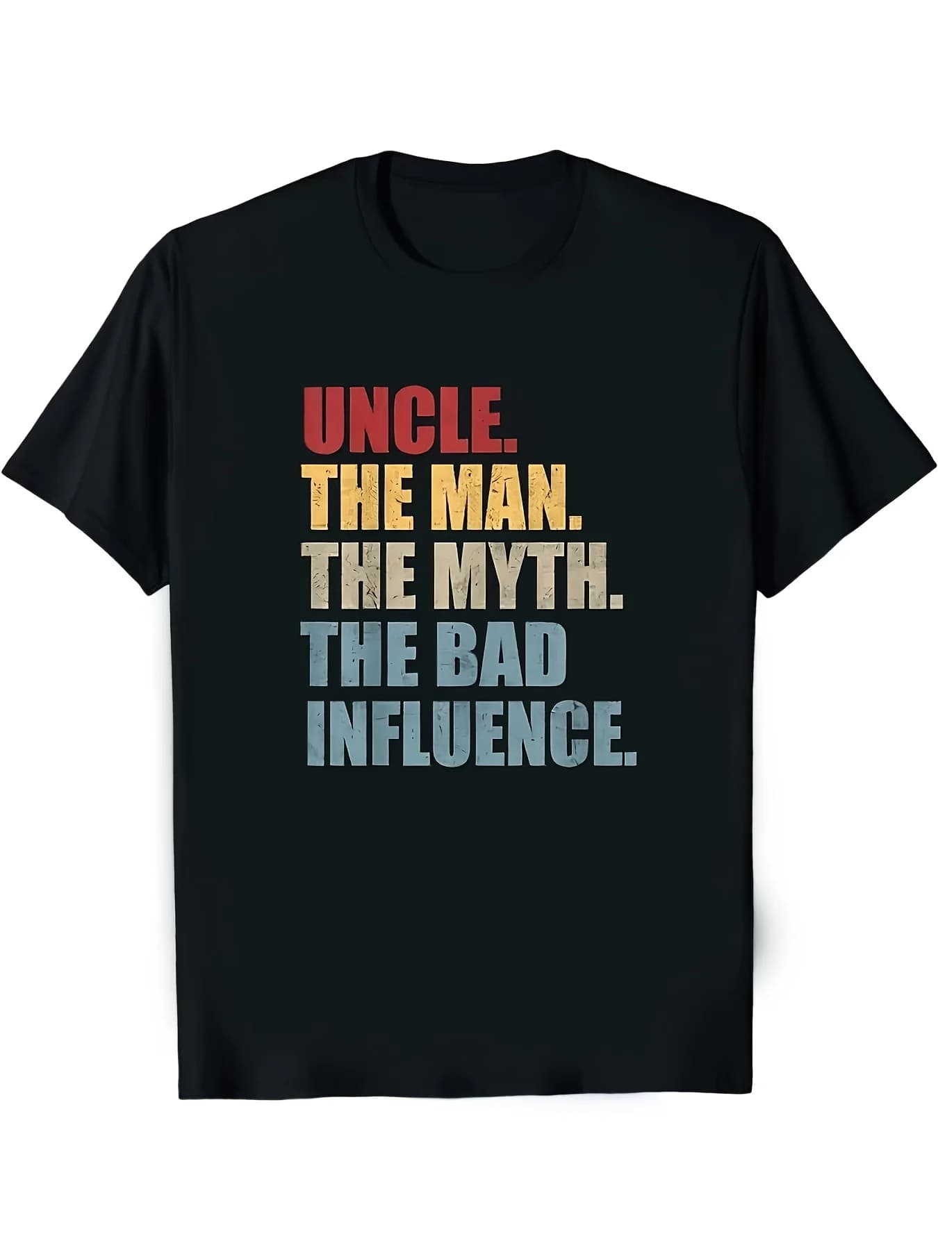 T-shirt divertente per zio 2026 - Slogan: Zio, il mito, la cattiva influenza - Maglietta nera con testo rosso, blu e verde - Leggera