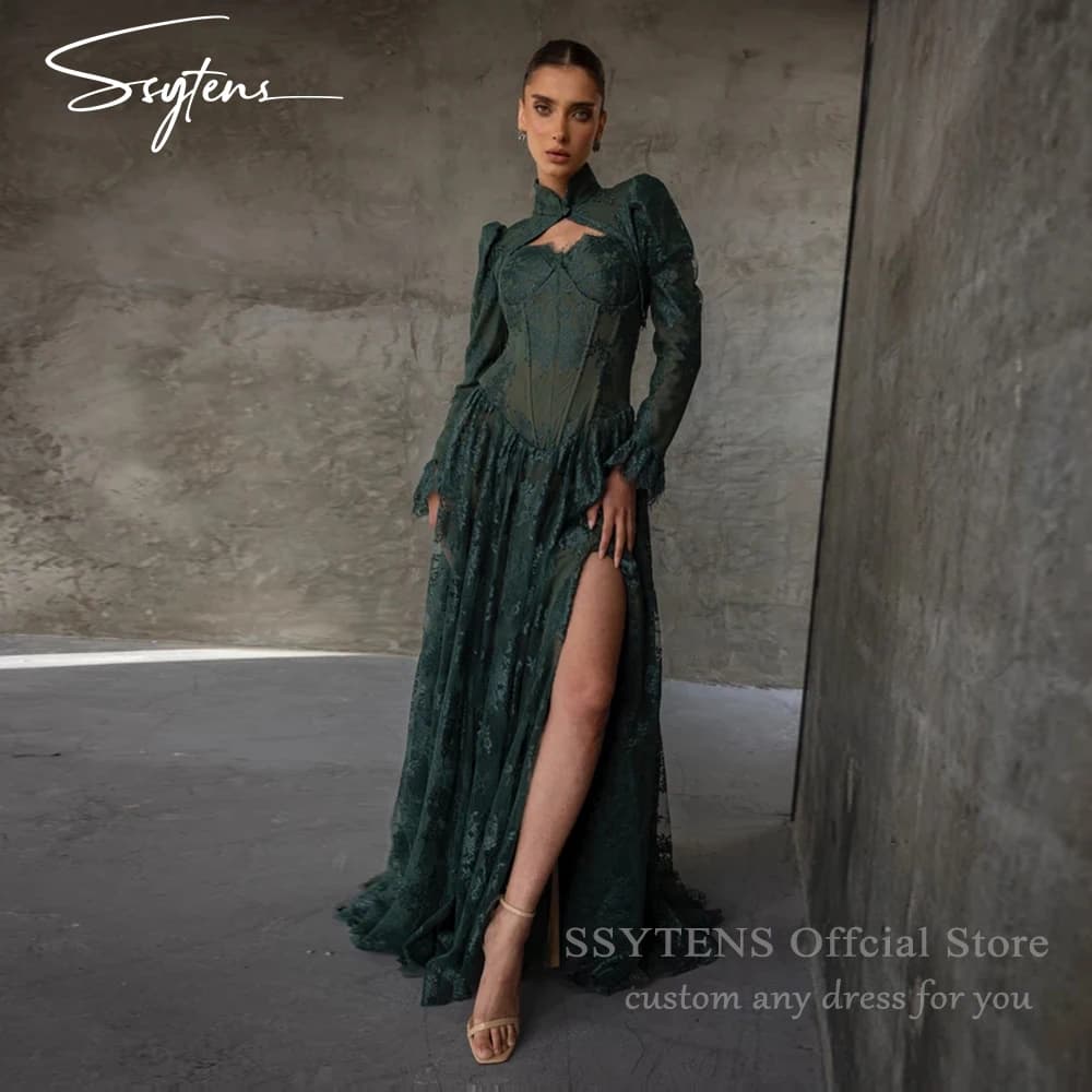SSYTENS Sage Green Evening Dresses Long Sleeves Special Occasion Dresses Full Lace Vestidos Para Eventos Especiales Customized