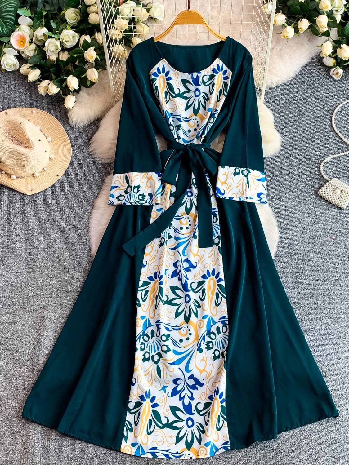 Elegant Simple round Neck Long Sleeve Dress Women's Summer Slimming Ankle-Length Dress Printed Wrap Waist A-Line Skirt