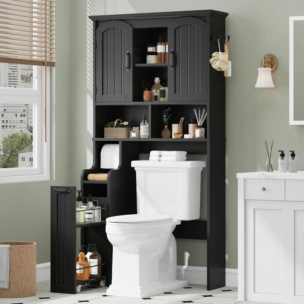 Mobiletto Salvaspazio Sopra il WC, Organizzatore per Bagno con Ante ad Arco e Porta Carta Igienica, Personalizzabile
