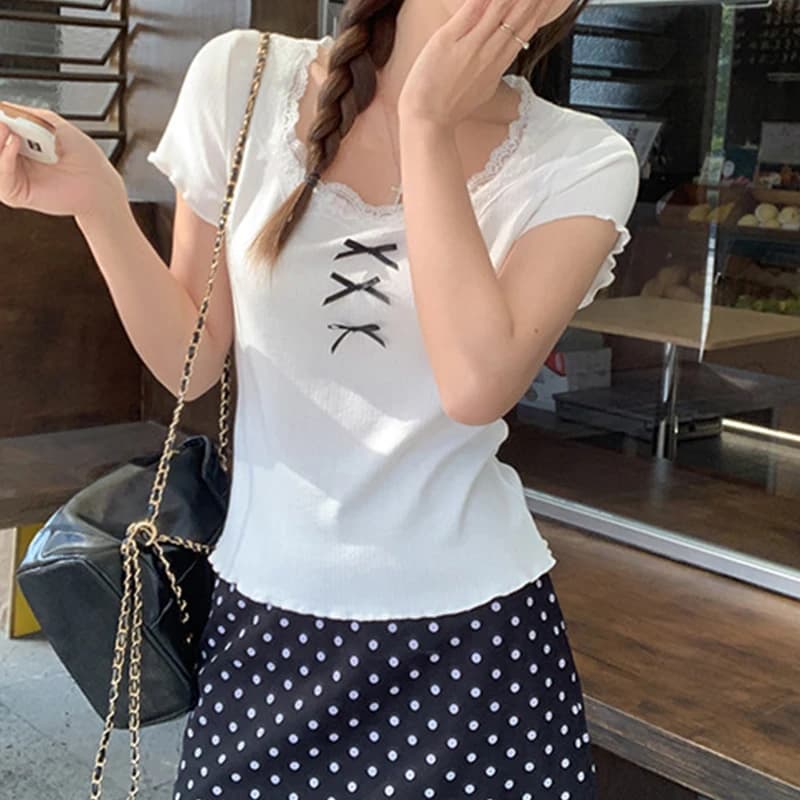 Pure Desire Style Lace Spliced White T-Shirts New Stylish Bow Skinny Slim Short Sleeve Tees Simple All-Match U-Neck Bottom Tops