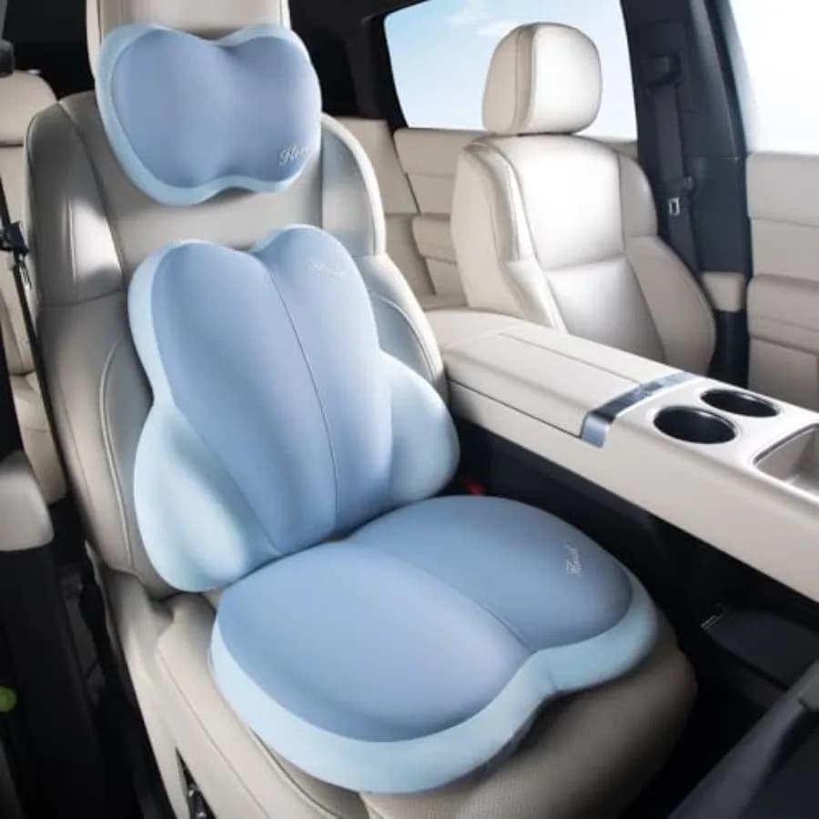 Set di 3 Cuscini per Sedile Auto, Supporto Lombare, Cuscino per Collo e Poggiatesta in Memory Foam Ultra Spesso, Blu, per Alleviare la Pressione