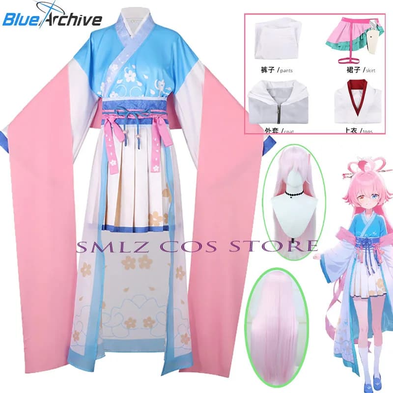 Game Blue Archive Takanashi Hoshino Cosplay Costume Woman Pink Blue Dress Hanfu Wig Suit Halloween Party Outfit for Women