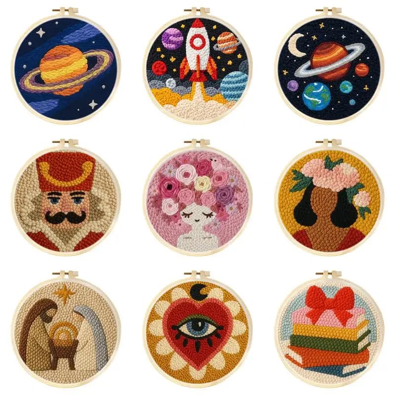 DIY Punch Needle Kit for Beginners Character Designs Magic Pock with Hoop Embroidery Yarn and Needles Folk Art For Home Decor