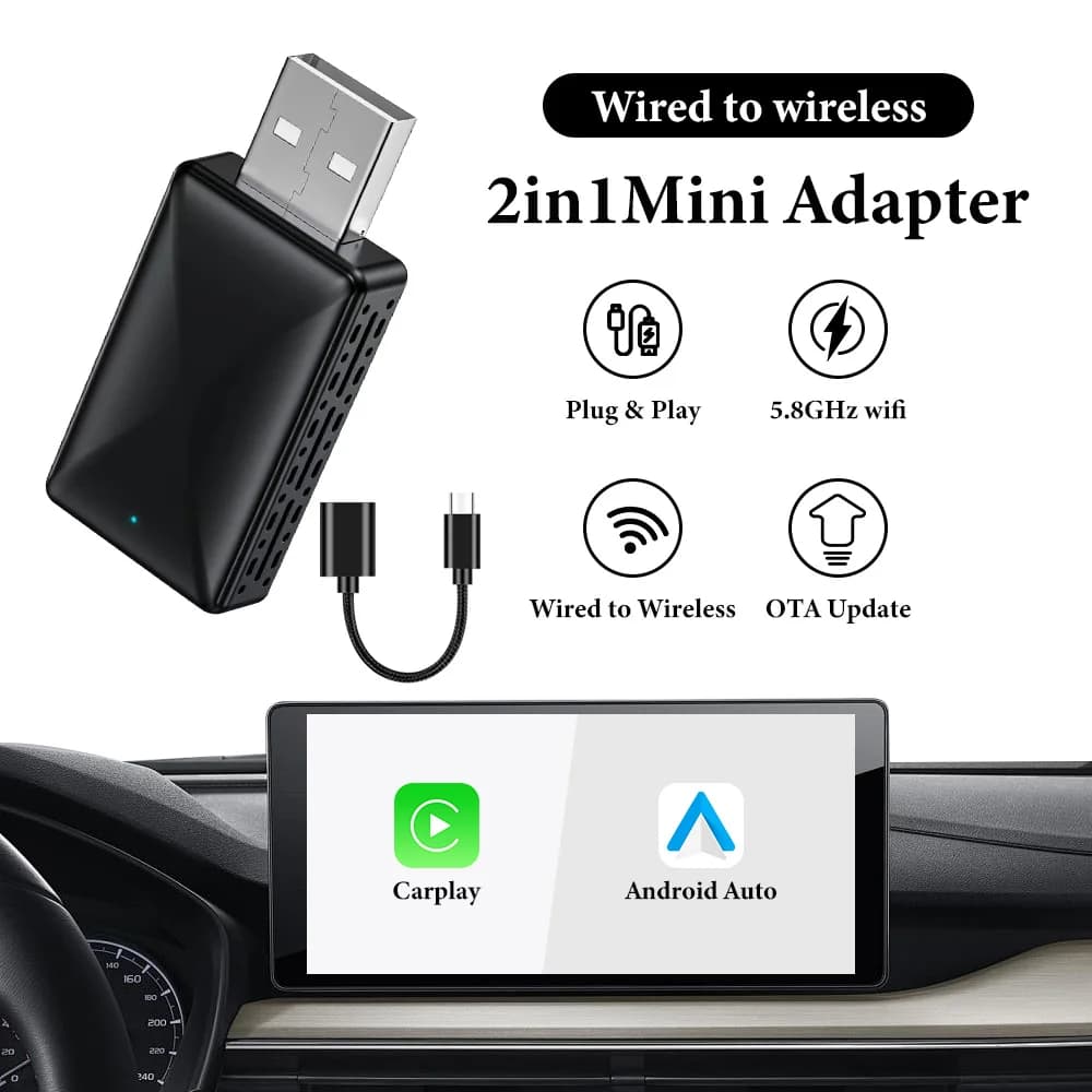 Wireless 2in1 Carplay Adapter Android Auto 2026 for Auto OEM with USB Plug and Play from Wired to Wireless