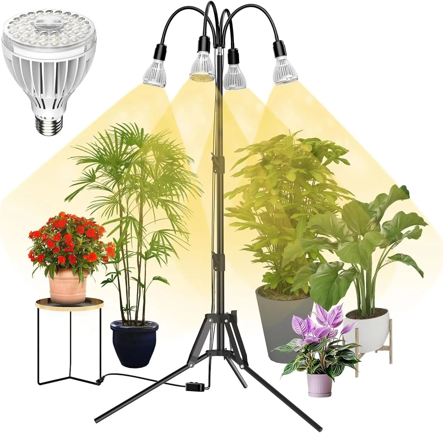 Lampada da coltivazione per piante da interno a spettro completo da 128 W con supporto per treppiede Lampadine PAR25 alte PPFD 4x32 W per giardinaggio interno