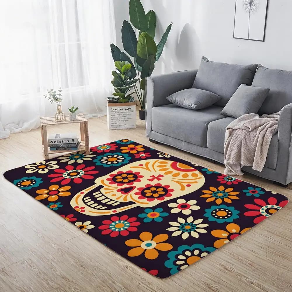 Tappetino da pavimento con design Dia De Muertos, in flanella ecologica, antiscivolo, inodore, per interni, morbido, in peluche corto