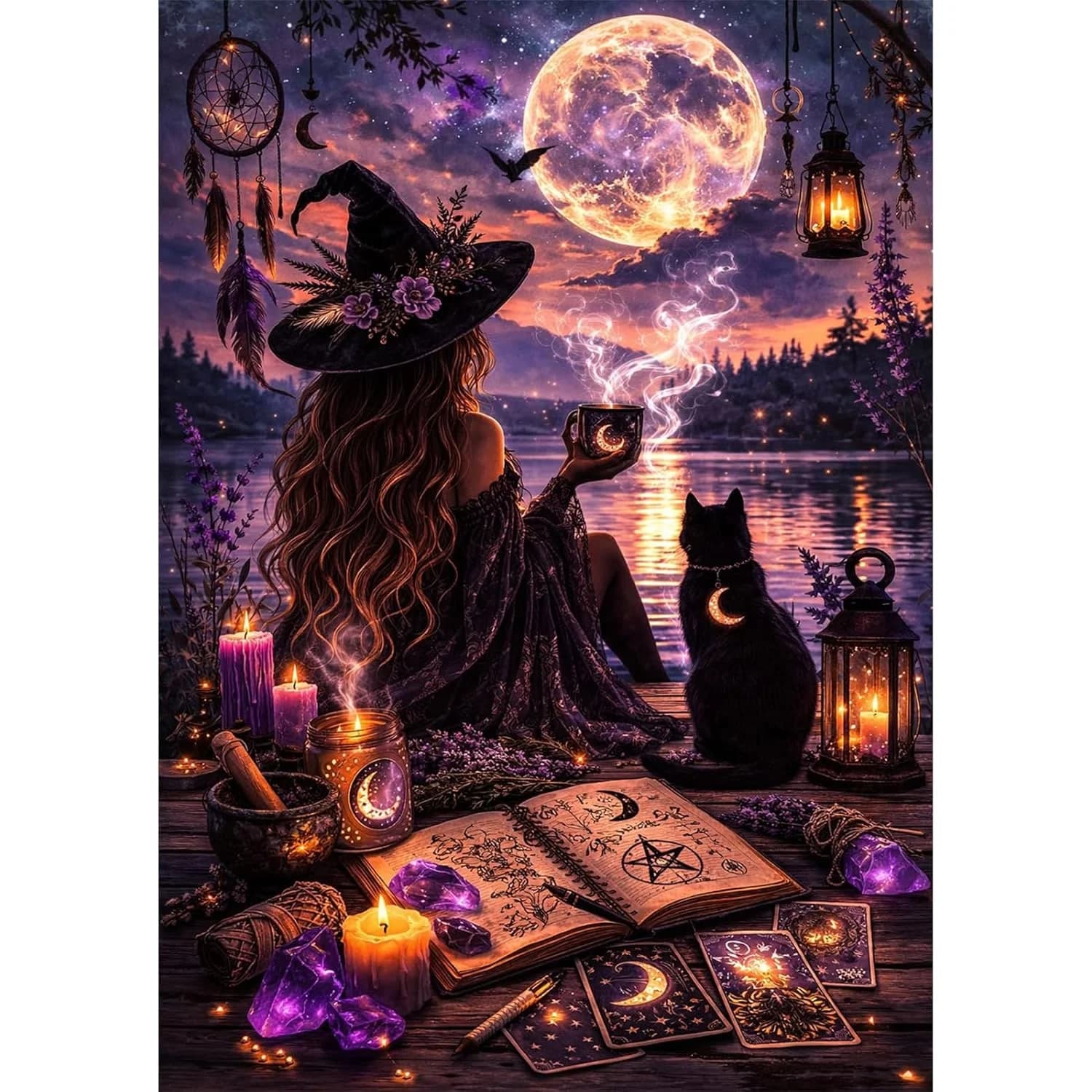 Diamond Painting Witch With Black Cat Under Full Moon Tarot Crystal Magic Diamond Mosaic Handmade Art Exquisite Gift Home Decor
