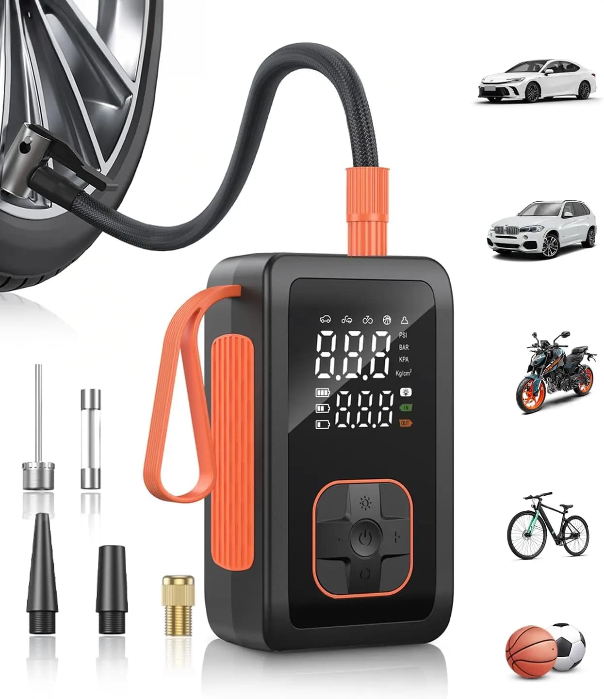 Compressore d'Aria Portatile 150PSI, Doppia Alimentazione Senza Fili e 12V DC, Pompa Rapida 36L/Min con Manometro Digitale per Auto, Bici, Palloni