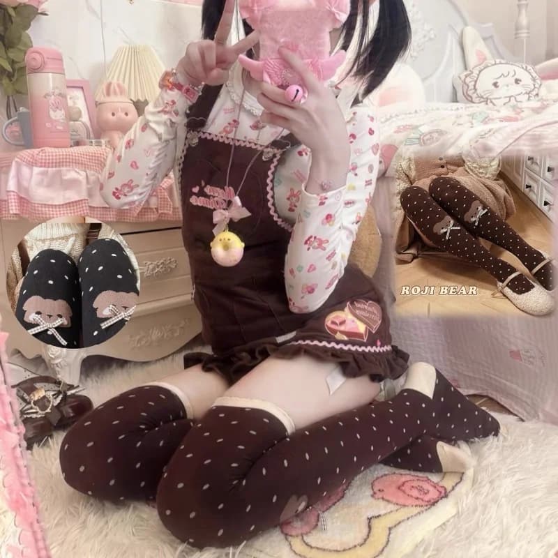 Calzini Lolita giapponesi a pois con orsetto da donna Calzini al ginocchio autunno inverno da donna Calza dimagrante Kawaii in cotone pettinato spesso