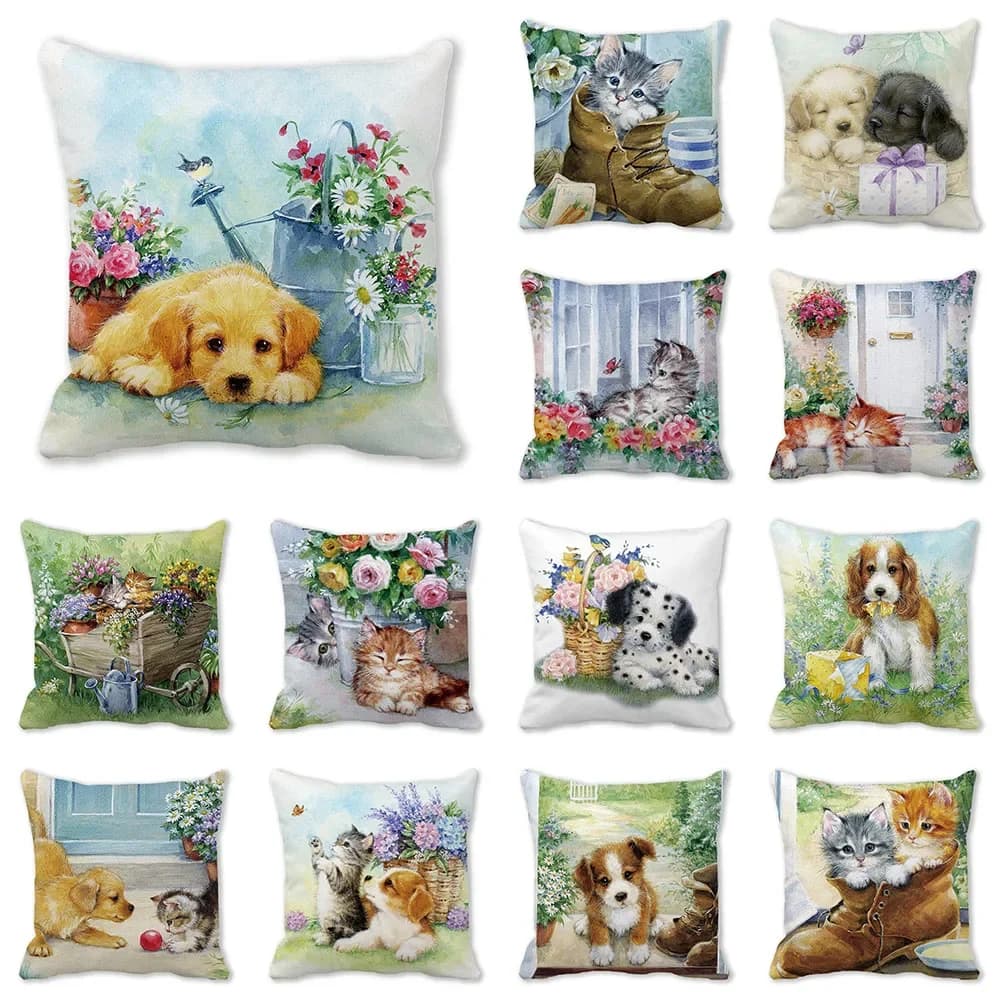 Cute Cat and Dog Animal Print Pattern Cushion Cover for Home Living Room Sofa Decoration Square Pillowcase